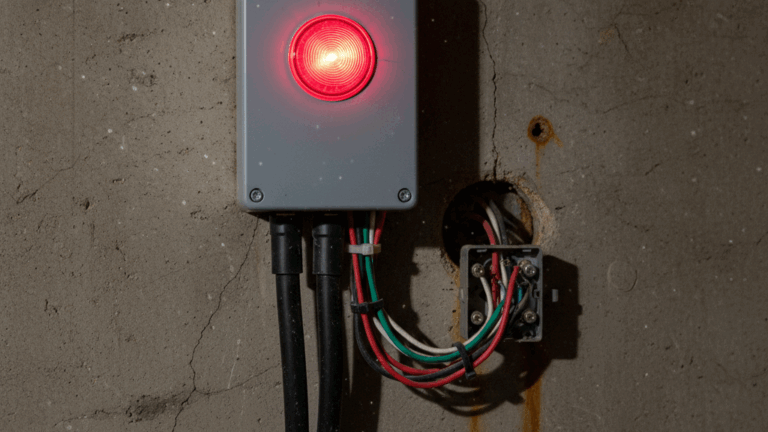 a sump pump alarm control panel mounted on a basement wall