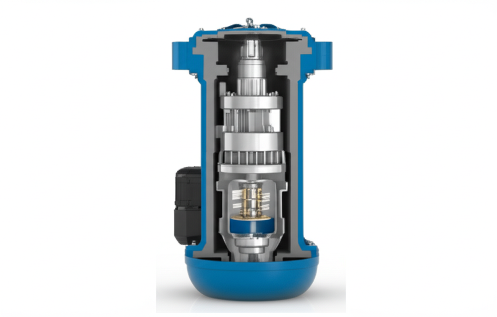 Grinder pump illustration: Wastewater management, sewage system cutting mechanism.