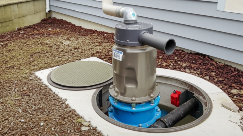 Grinder pump managing wastewater from septic to municipal sewer system. Sewage grinder.