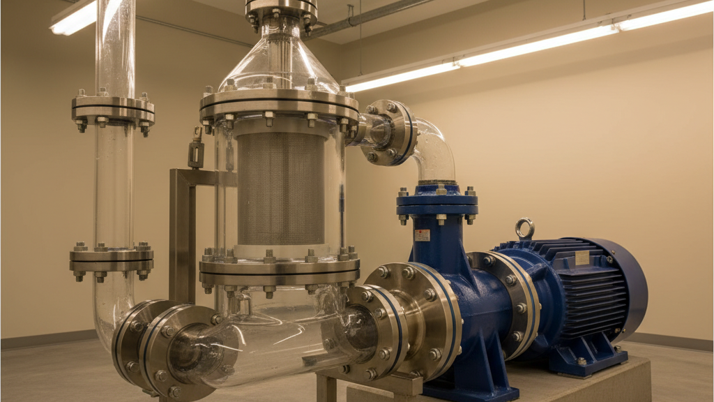 Pump intake and strainer assembly detail representing maintenance checks for low flow