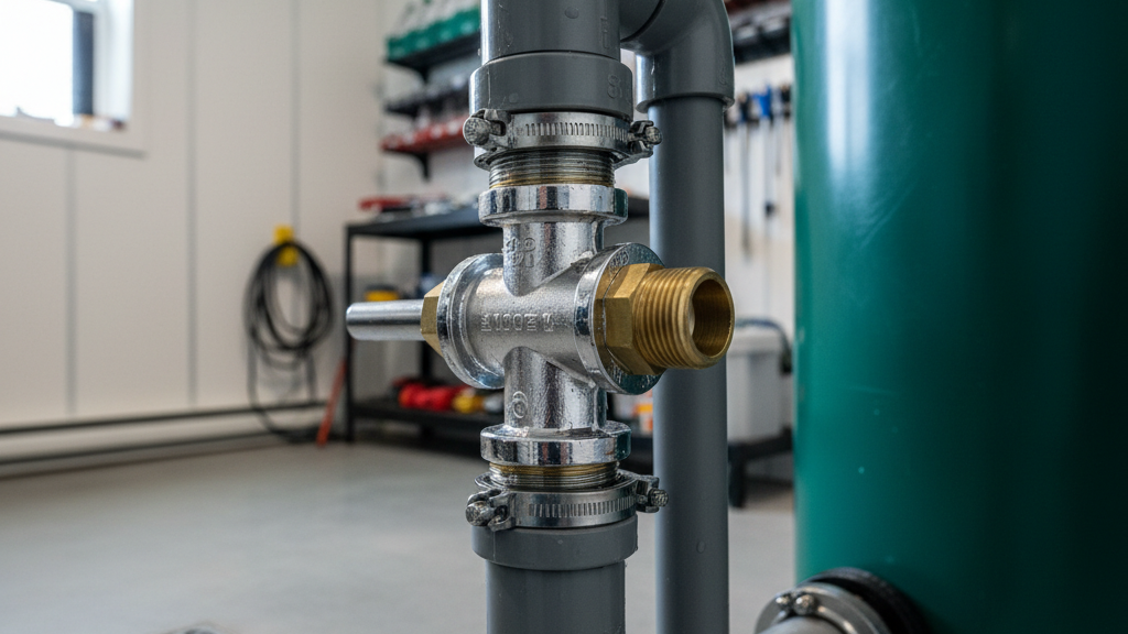 Sump pump discharge line and check valve inspected for proper operation during routine maintenance