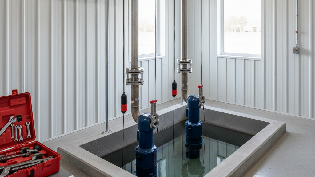 Sump and effluent pump system with maintenance tools ready for a Q1 service check