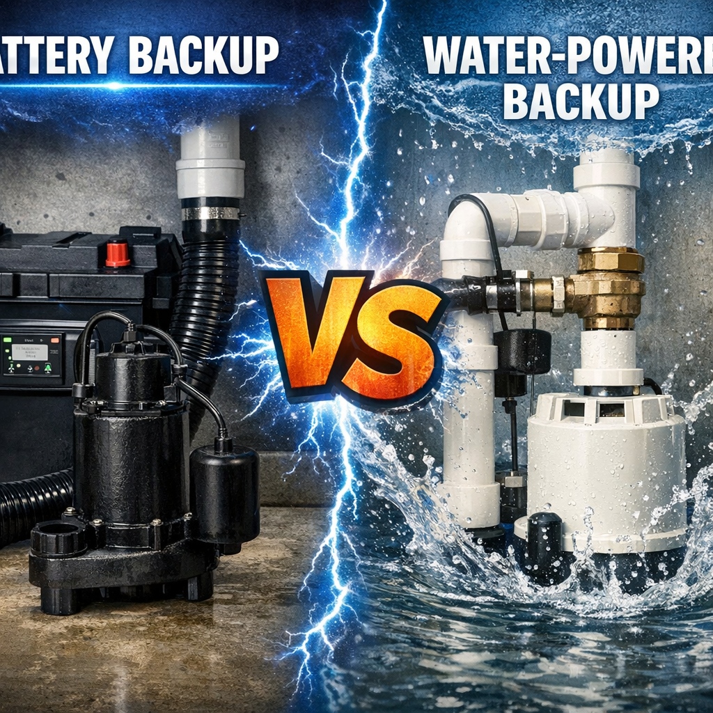 Professional illustration of Battery Backup vs. Water-Powered Backup Sump Pump: Which Is Better?
