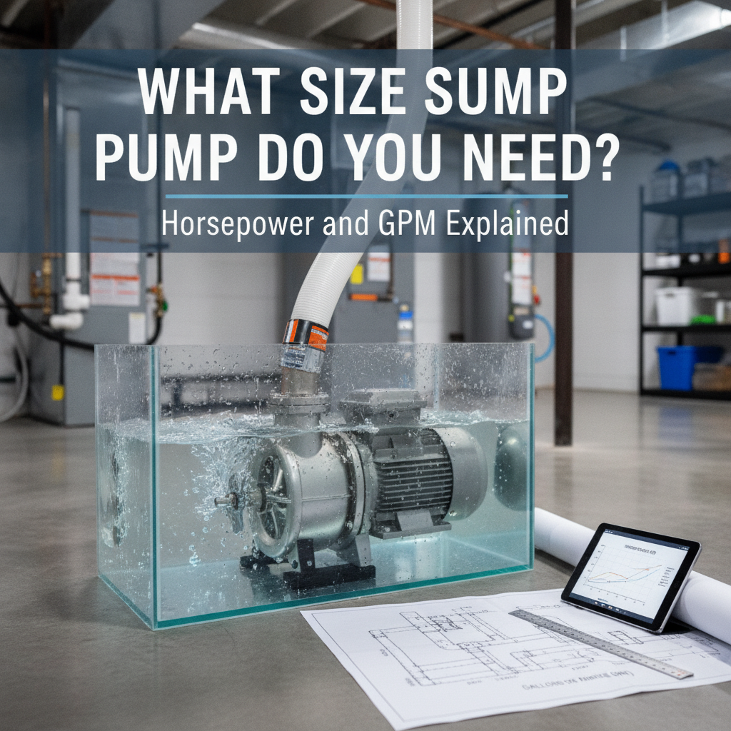 Professional illustration of What Size Sump Pump Do You Need? Horsepower and GPM Explained