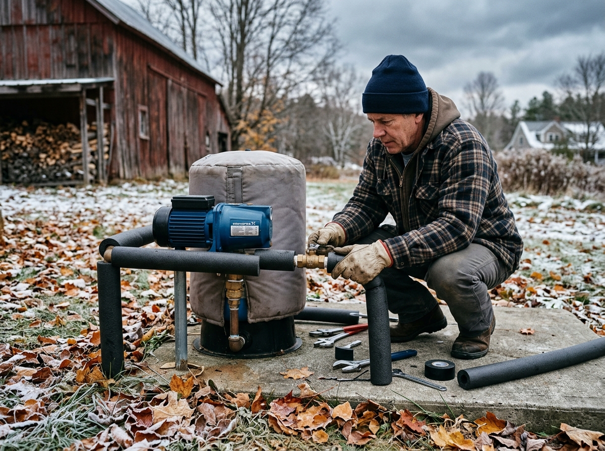 Insulating outdoor well pump pipes with foam wrap to winterize plumbing before freezing cold weather.