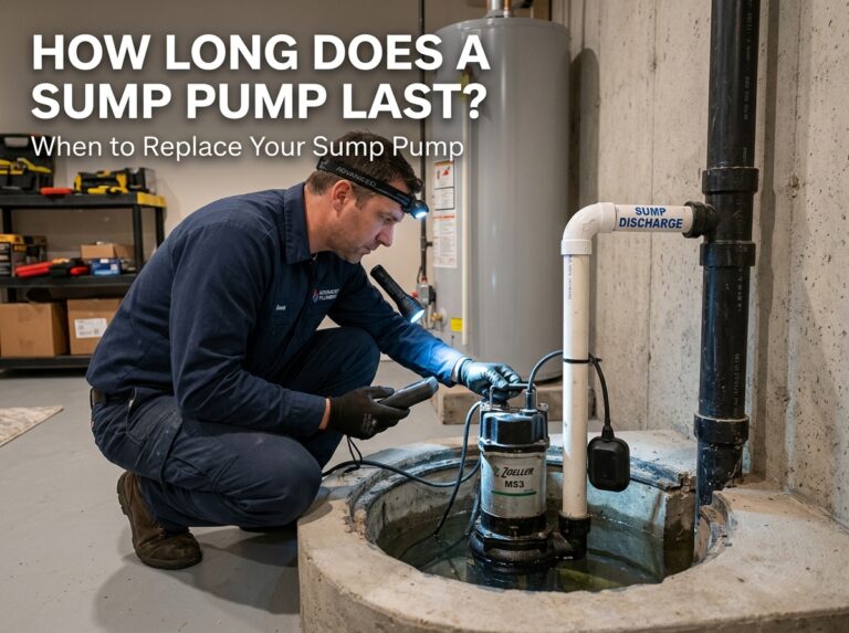 Plumber replacing an old basement sump pump basin during a routine plumbing lifespan inspection.
