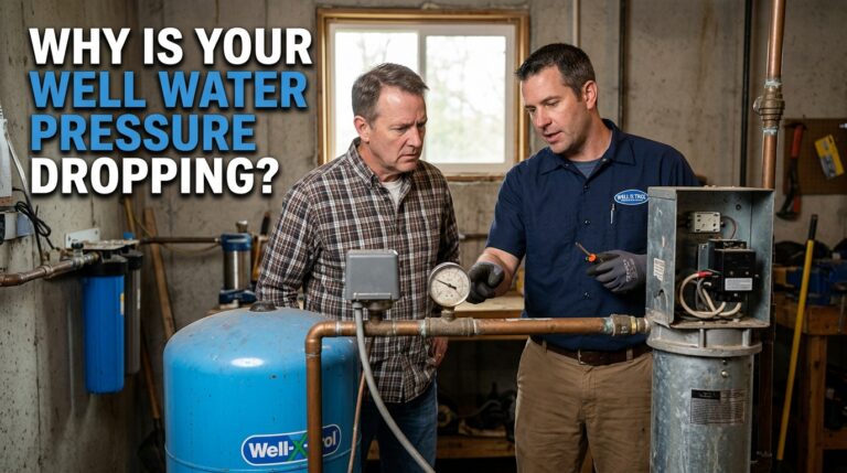 Plumber checking low well water pressure gauge on a residential well pump and pressure tank system.