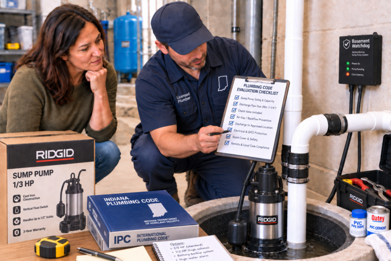 Licensed Indiana plumber inspecting basement sump pump replacement options and plumbing code evaluation checklist.