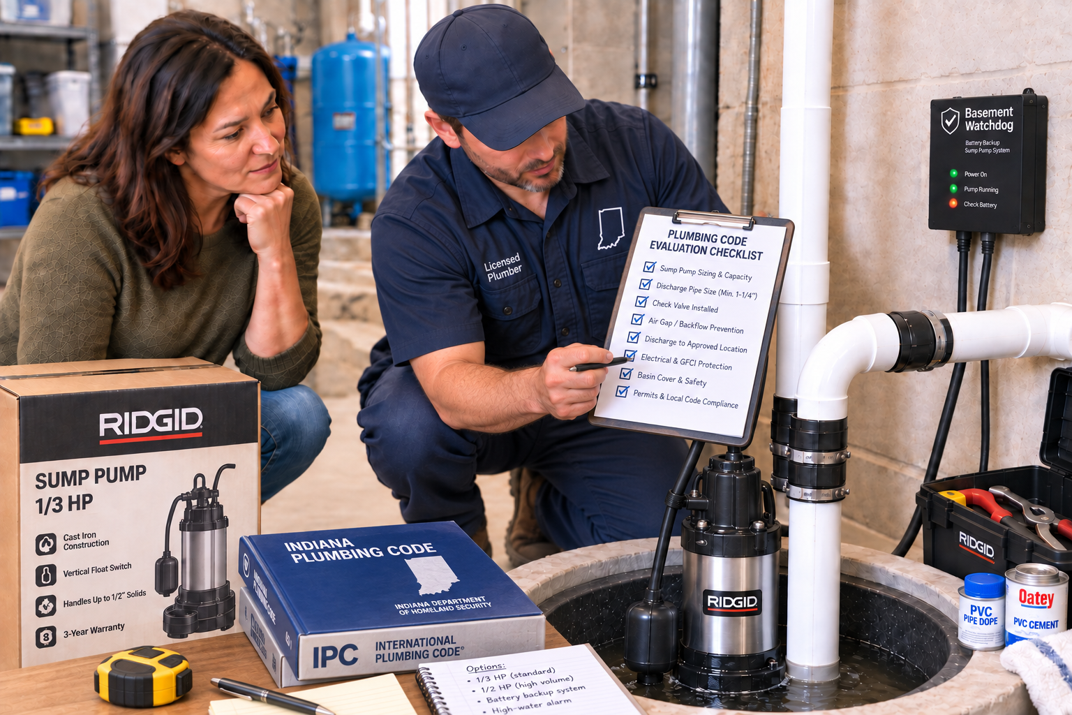 Licensed Indiana plumber inspecting basement sump pump replacement options and plumbing code evaluation checklist.