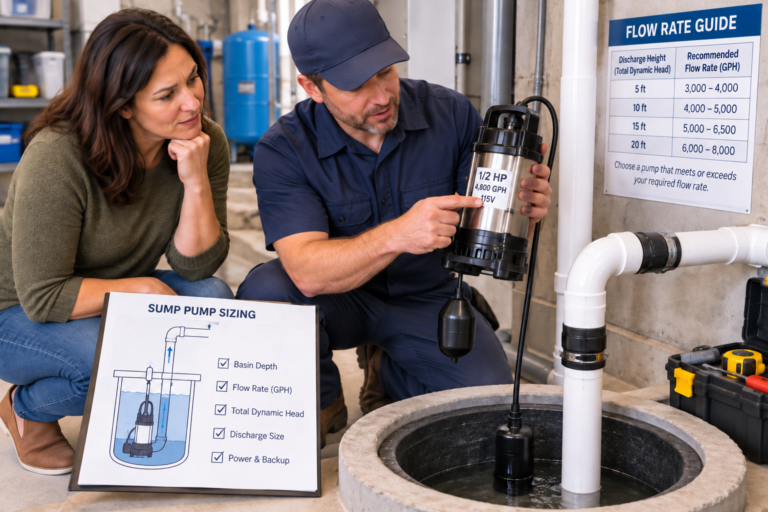 Plumber sizing a submersible replacement pump for a water basin installation and proper flow rate.