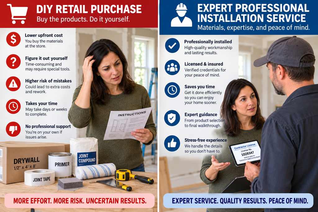 Side-by-side comparison of DIY retail purchase products versus professional installation service with expert tools.