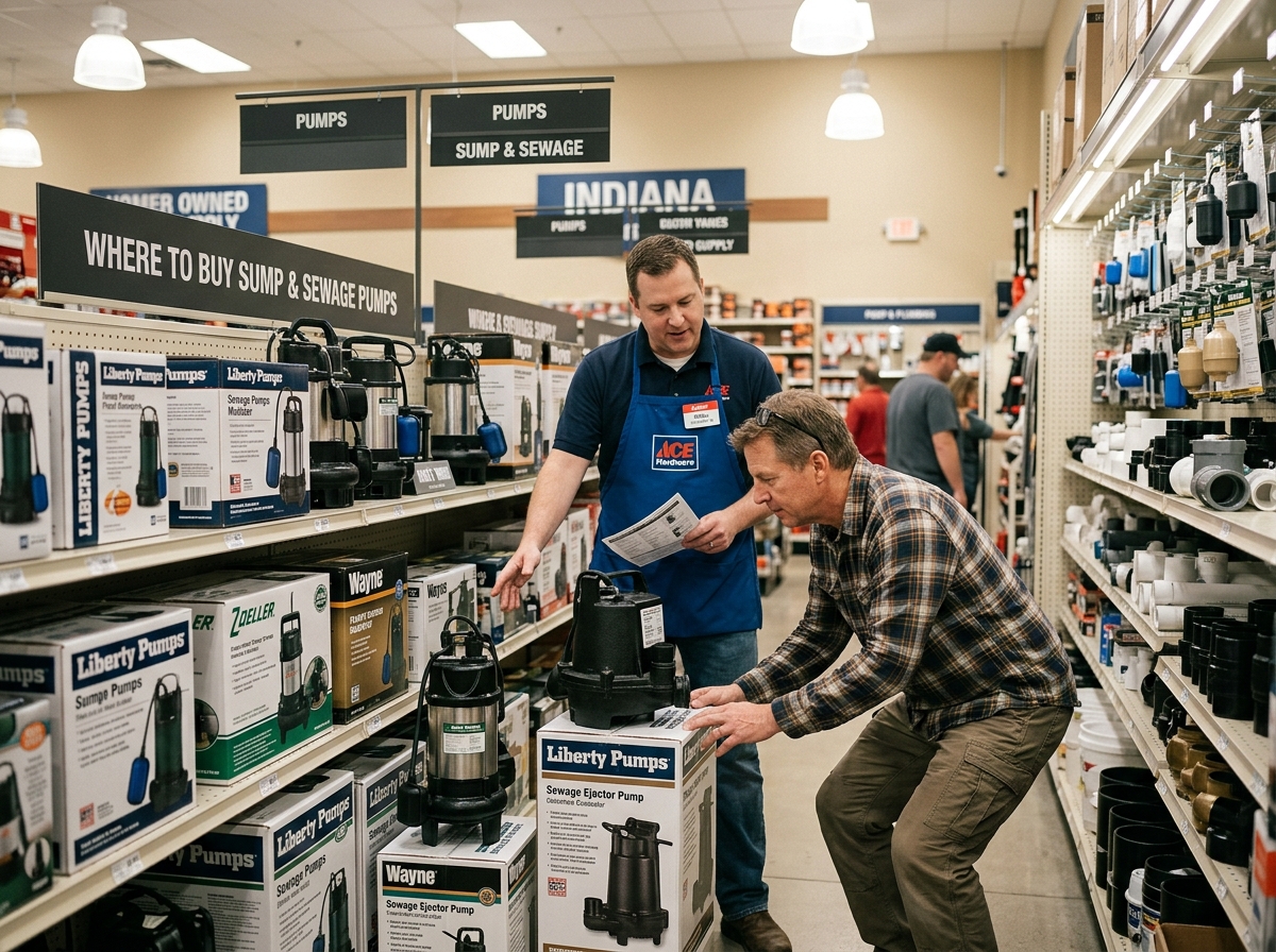 Replacement submersible sump and sewage pumps on display at an Indiana plumbing supply store.